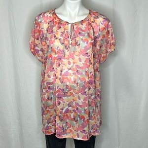 Liz Claiborne Woman Abstract Floral Sheer Slit-V Tie Front Blouse, 2X